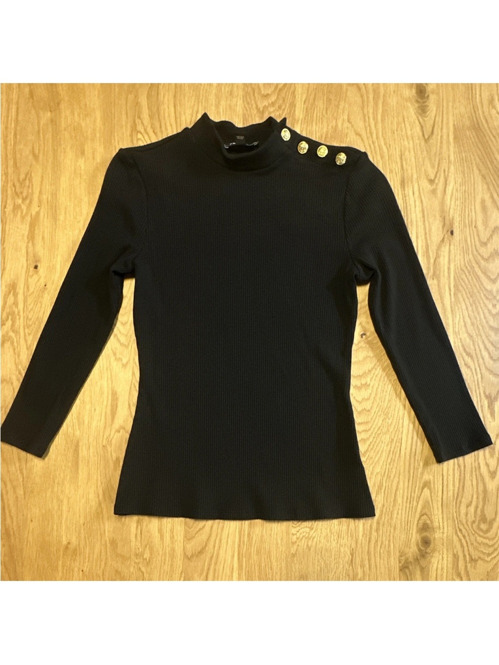 Express Women's S Black Solid Ribbed Knit Mock Neck Gold Button Shoulder Top